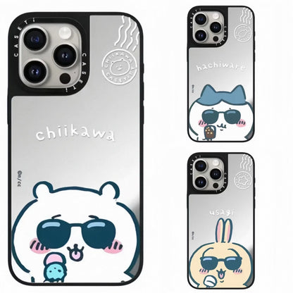 Japanese Cartoon ChiiKawa Mirror Phone Case | Silver & Blue ChiiKawa Hachiware Usagi Wear Sunglass and Eating Ice Cream - iPhone Case 12 13 14 15 16 17 Pro Promax