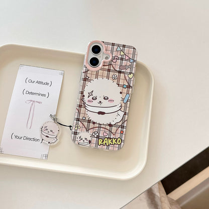 Japanese Cartoon ChiiKawa Laser Phone Case with Strap | Retro Plaid Rakko Kurimanju Shisa Furuhonya - iPhone Case PLUS SE2 11 12 13 14 15 16 16e 17 17e Pro Promax 12mini 13mini