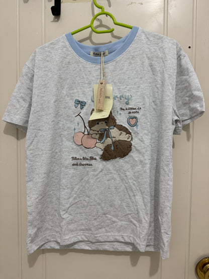 Korean Fashion Cute Animals Style T-Shirt Series | Embroidery Cherry Cat - Kawaii Fashion Items