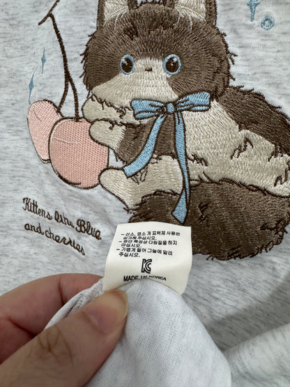 Korean Fashion Cute Animals Style T-Shirt Series | Embroidery Cherry Cat - Kawaii Fashion Items
