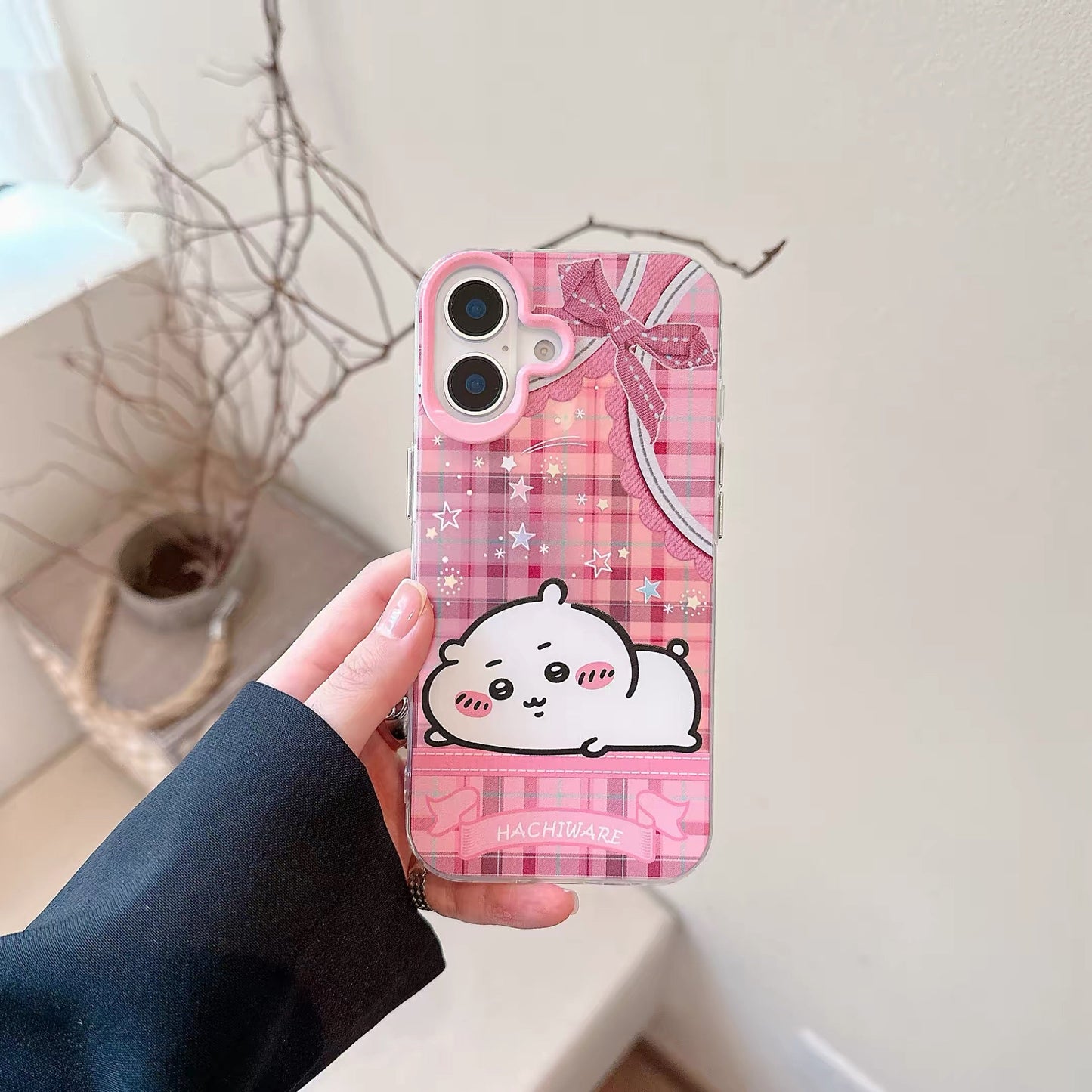 Japanese Cartoon ChiiKawa Laying with Lace Ribbon Laser Case | Chiikawa Hachiware Usagi Momonga - Phone Case Samsung Galaxy S26 S25 S24 S23 S22 S21 FE Ultra Edge