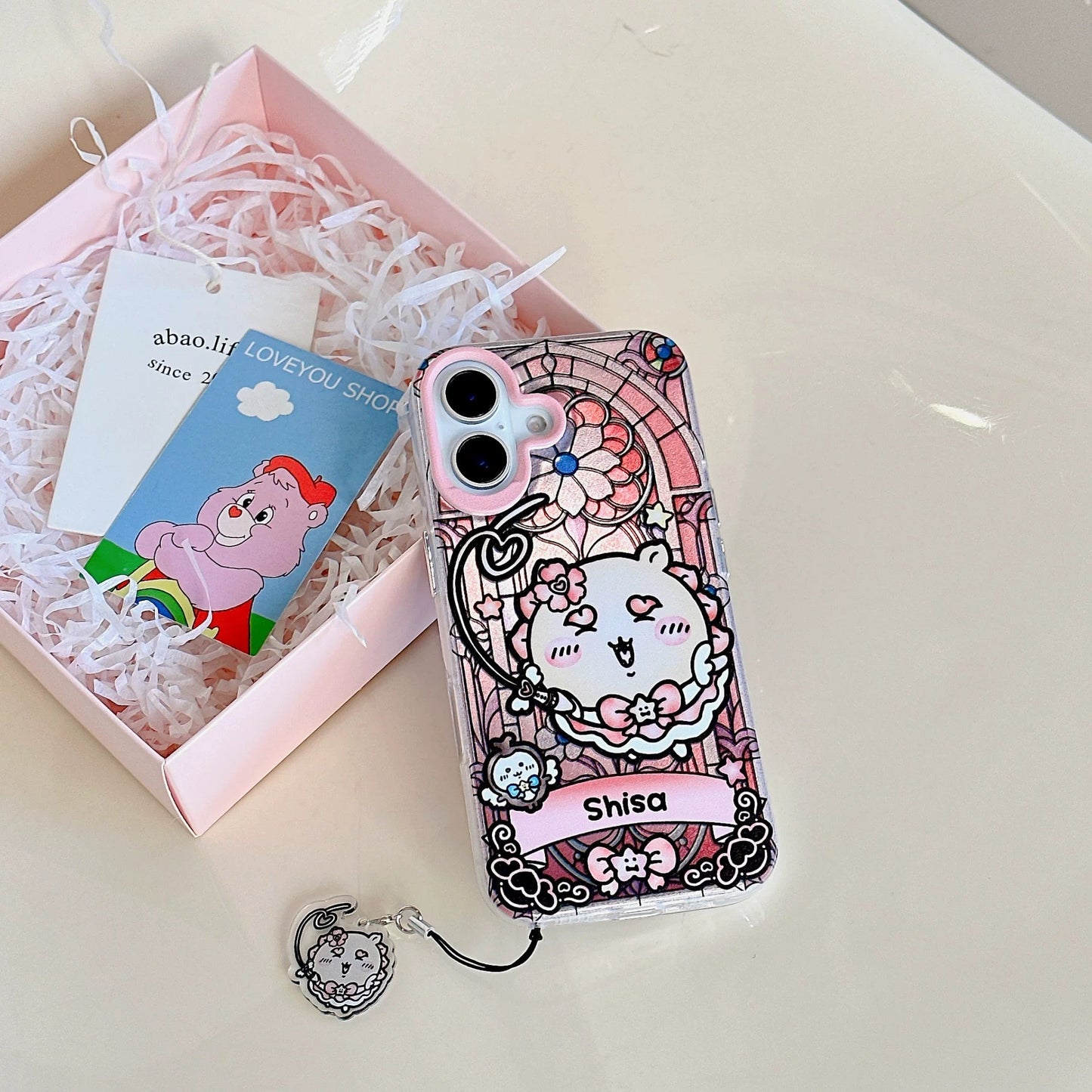 Japanese Cartoon iPhone Case with Strap | Laser Magical Girl with Glass Window Kurimanju Rakko Shisa Furuhonya Magic - iPhone Case 7 8 PLUS SE2 XS XR X 11 12 13 14 15 Pro Promax 12mini 13mini  WinnieTheBirds Toy Shop