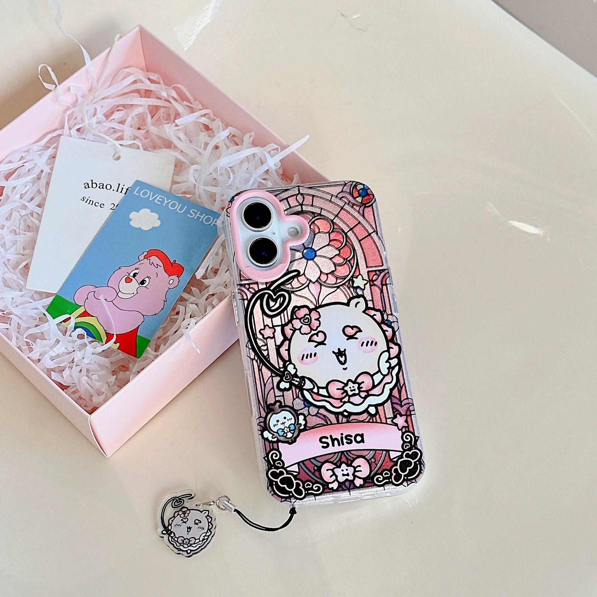 Japanese Cartoon iPhone Case with Strap | Laser Magical Girl with Glass Window Kurimanju Rakko Shisa Furuhonya Magic - iPhone Case 7 8 PLUS SE2 XS XR X 11 12 13 14 15 Pro Promax 12mini 13mini  WinnieTheBirds Toy Shop