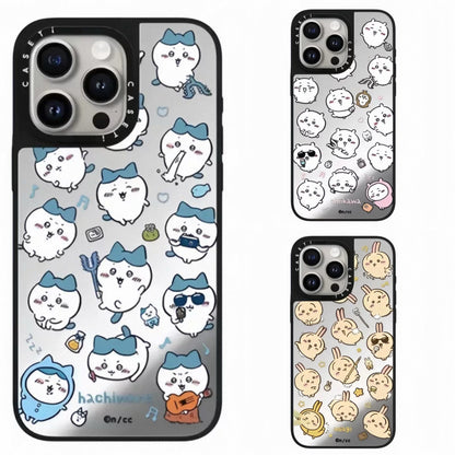 Japanese Cartoon ChiiKawa Mirror Phone Case | Full Screen Medley Fun Pose Silver Colour Chiikawa Hachiware Usagi - iPhone Case 12 13 14 15 16 17 Pro Promax