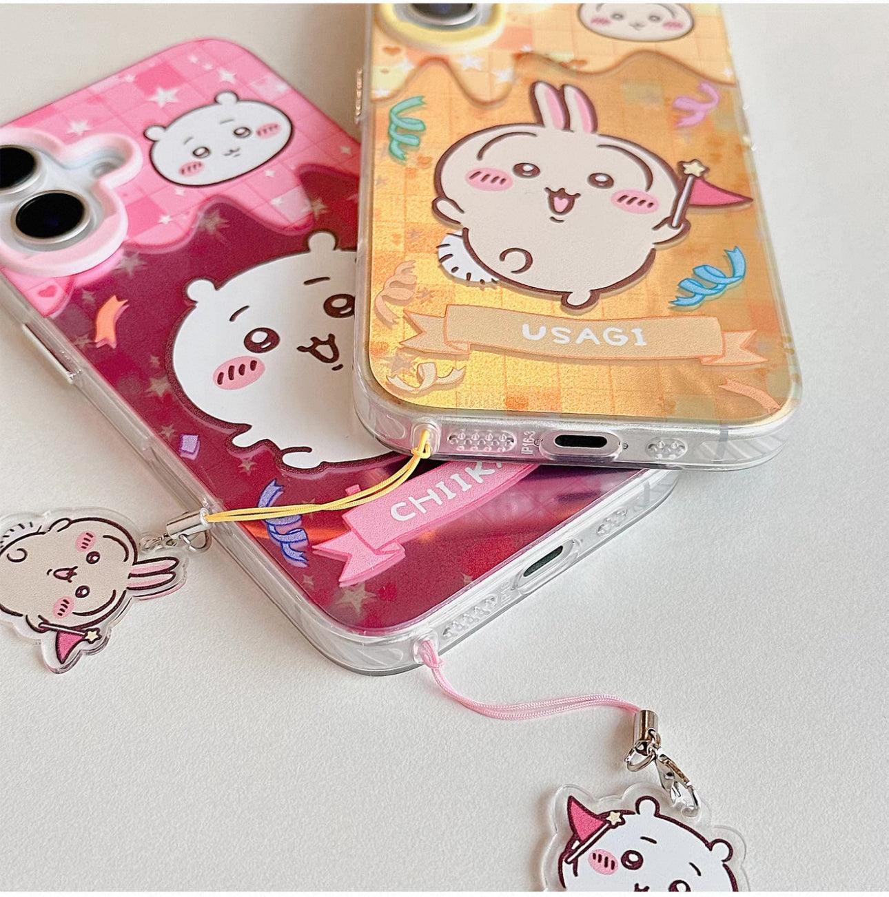 Japanese Cartoon ChiiKawa iPhone Laser Case with Strap | Happy Party Chiikawa Hachiware Usagi Momonga - iPhone Case PLUS SE2 XS XR X 11 12 13 14 15 16 16e 17 17e Pro Promax 12mini 13mini