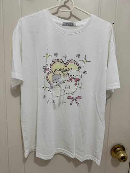 Korean Fashion Cute Animal Style Shirt Series | White & Grey Cats with Heart Cushion - Kawaii Fashion Items
