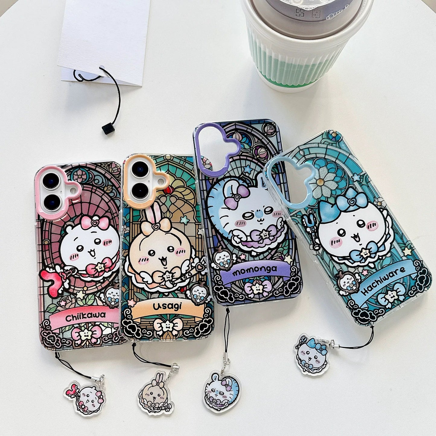 Japanese Cartoon iPhone Case with Strap | Laser Magical Girl with Glass Window Chiikawa Hachiware Usagi Momonga Magic - iPhone CasePhone Case 7 8 PLUS SE2 XS XR X 11 12 13 14 15 Pro Promax 12mini 13mini