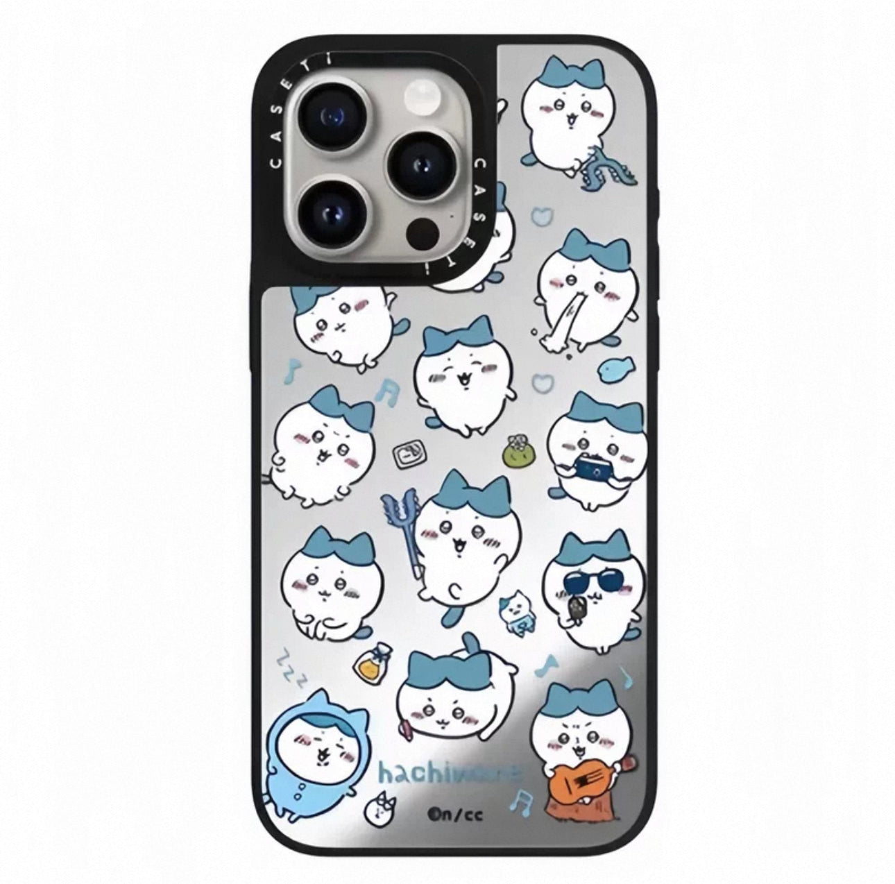 Japanese Cartoon ChiiKawa Mirror Phone Case | Full Screen Medley Fun Pose Silver Colour Chiikawa Hachiware Usagi - iPhone Case 12 13 14 15 16 17 Pro Promax