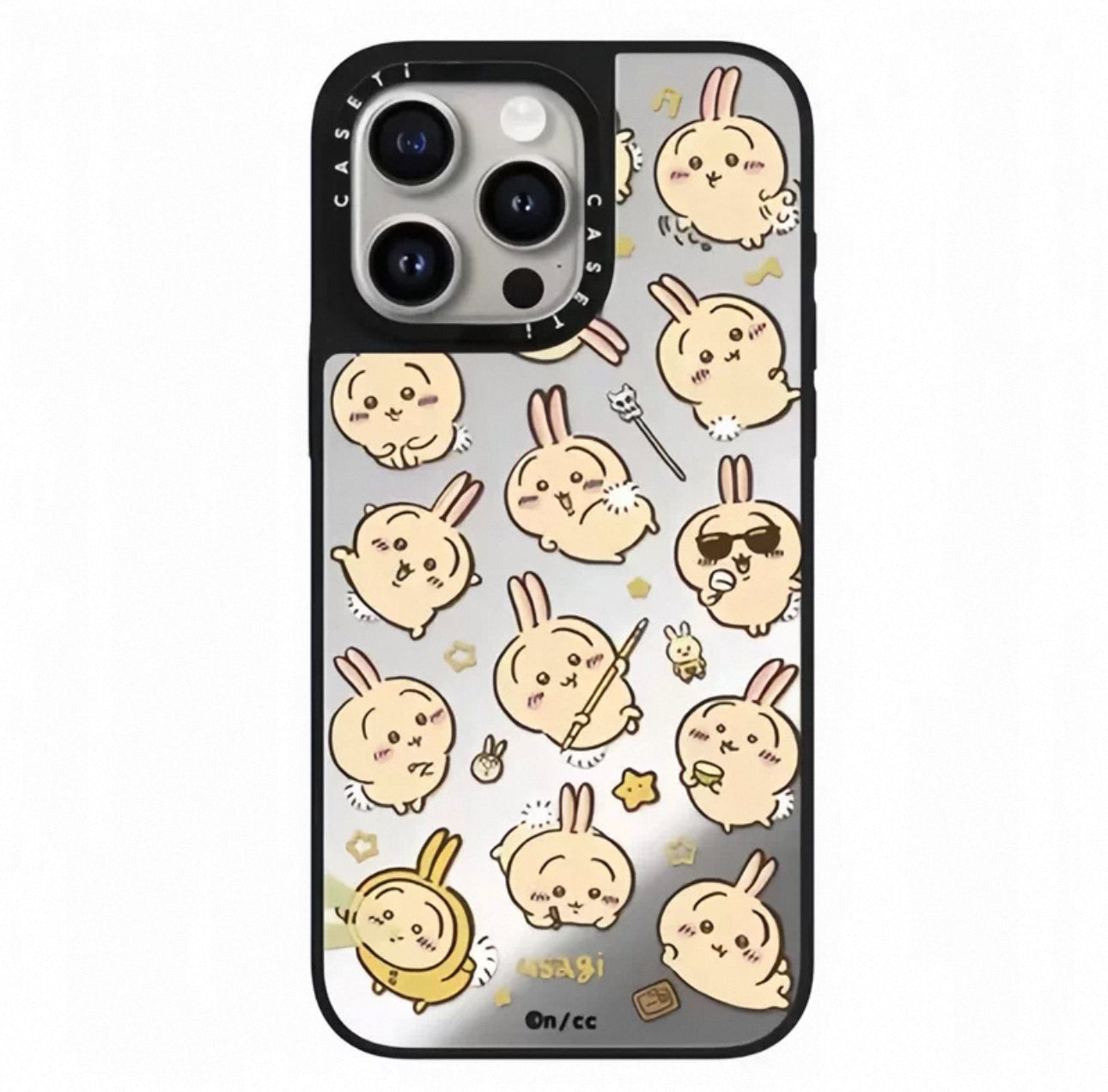 Japanese Cartoon ChiiKawa Mirror Phone Case | Full Screen Medley Fun Pose Silver Colour Chiikawa Hachiware Usagi - iPhone Case 12 13 14 15 16 17 Pro Promax