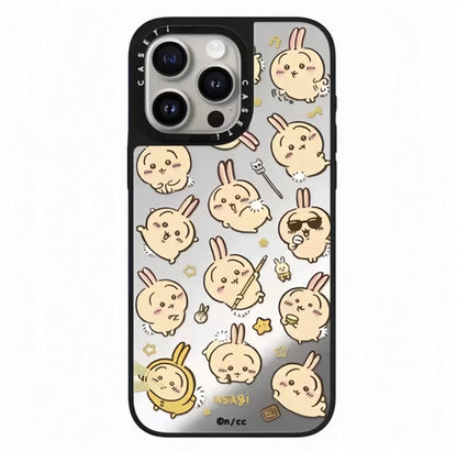 Japanese Cartoon ChiiKawa Mirror Phone Case | Full Screen Medley Fun Pose Silver Colour Chiikawa Hachiware Usagi - iPhone Case 12 13 14 15 16 17 Pro Promax