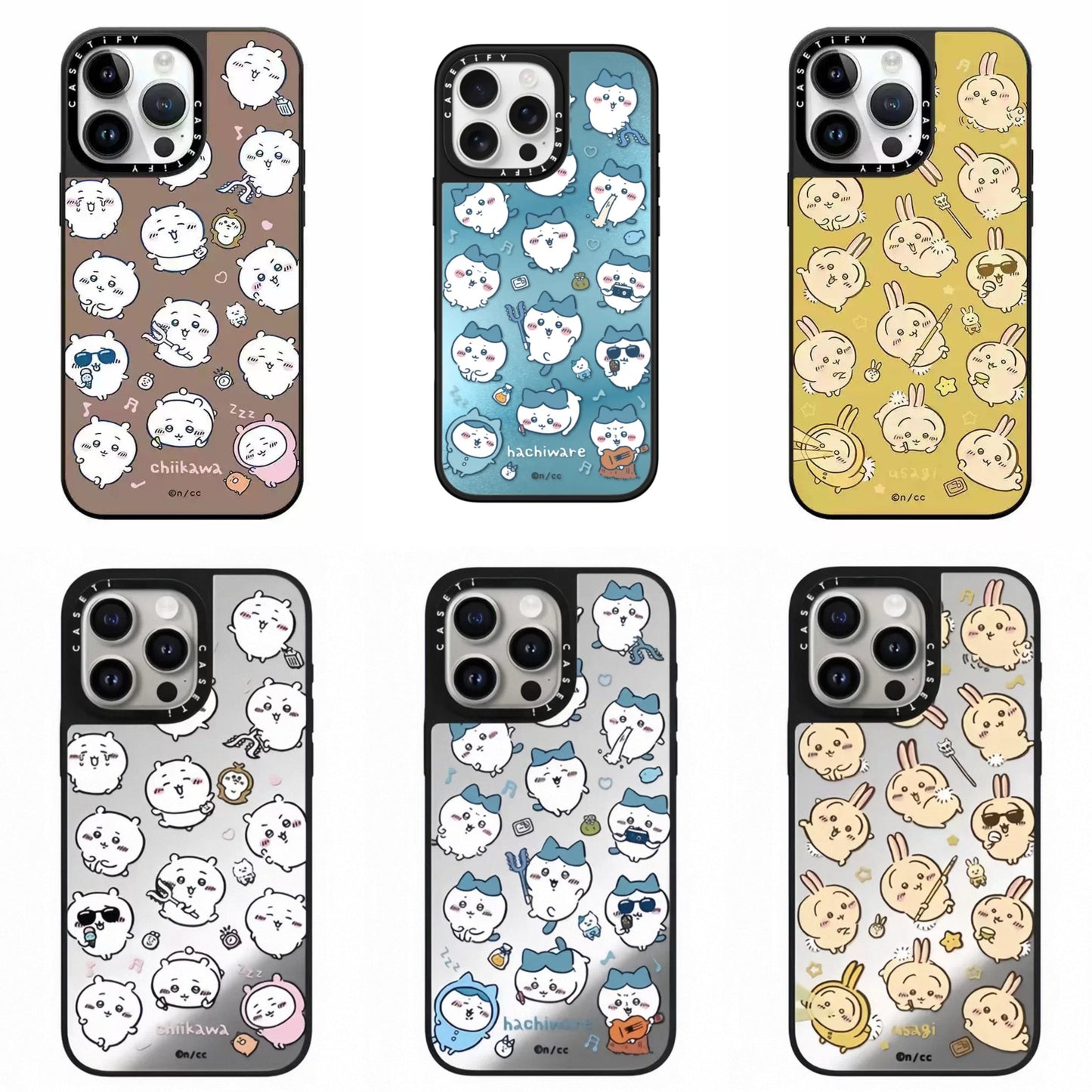 Japanese Cartoon ChiiKawa Mirror Phone Case | Full Screen Medley Fun Pose Silver Colour Chiikawa Hachiware Usagi - iPhone Case 12 13 14 15 16 17 Pro Promax