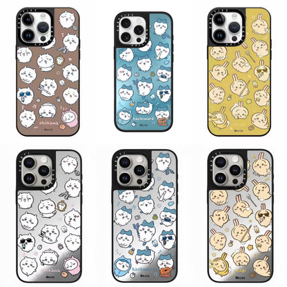 Japanese Cartoon ChiiKawa Mirror Phone Case | Full Screen Medley Fun Pose Silver Colour Chiikawa Hachiware Usagi - iPhone Case 12 13 14 15 16 17 Pro Promax