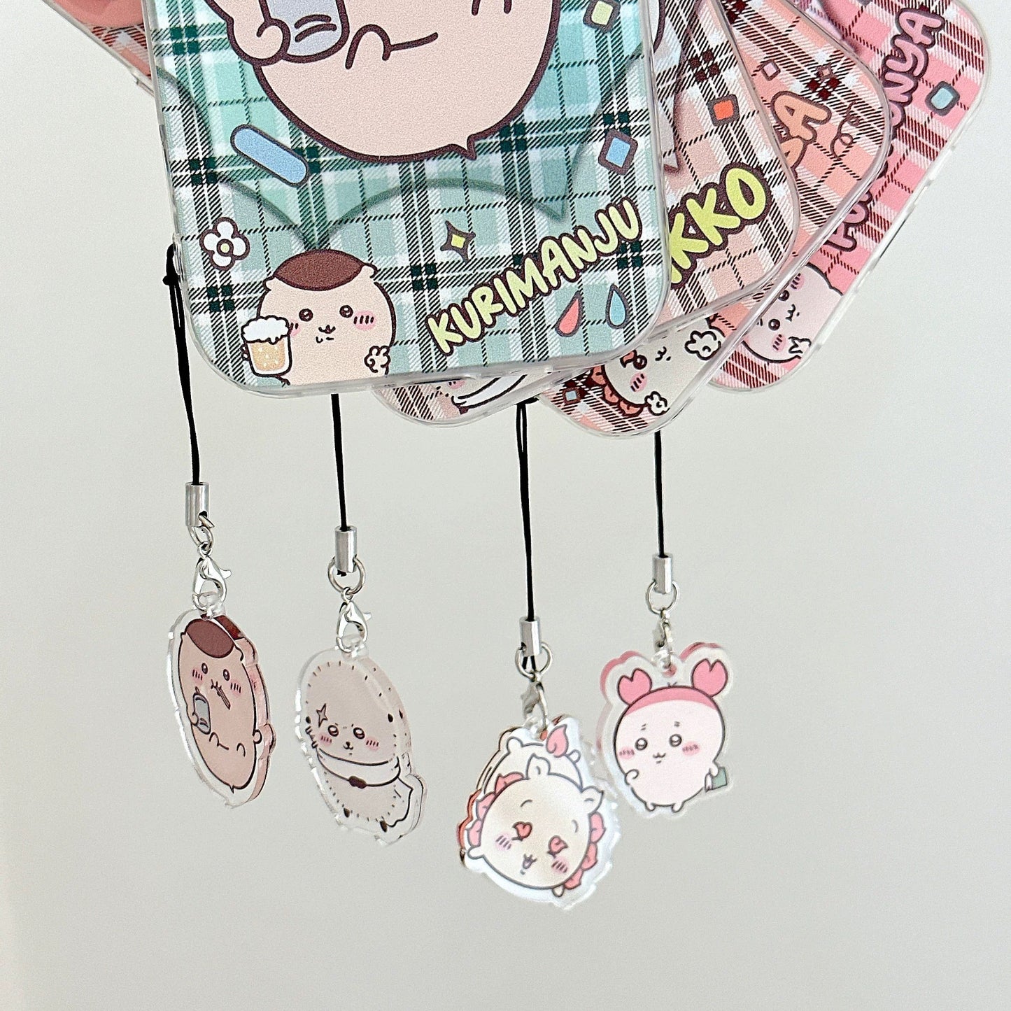 Japanese Cartoon ChiiKawa Laser Phone Case with Strap | Retro Plaid Rakko Kurimanju Shisa Furuhonya - Phone Case Samsung Galaxy S26 S25 S24 S23 S22 S21 FE Ultra Edge