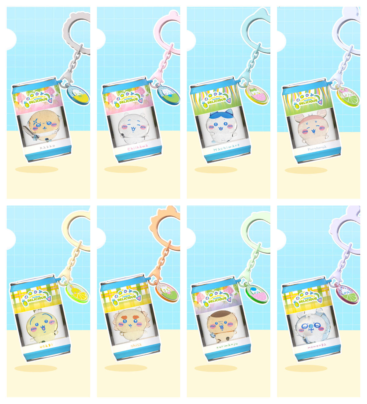 [Pre-Order] ChiiKawa X Miniso Fruit Market Series Fruit Market Soft Drink Can Keychain Blind Box | ChiiKawa Hachiware Usagi Momonga Kurimanju Rakko Shisa Crab Soft Drink Can Keychain Blind Box - Kawaii Items Room Decoration Mystery Box