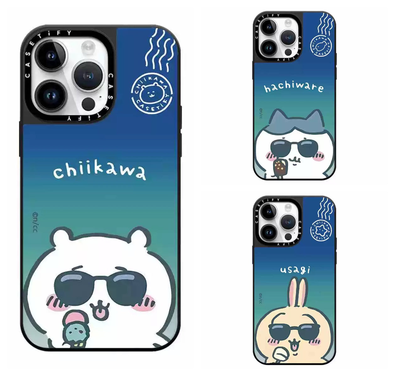 Japanese Cartoon ChiiKawa Mirror Phone Case | ChiiKawa Hachiware Usagi Wear Sunglass and Eating Icecream Blue Sky - iPhone Case 11 12 13 14 15 16 17 Pro Promax