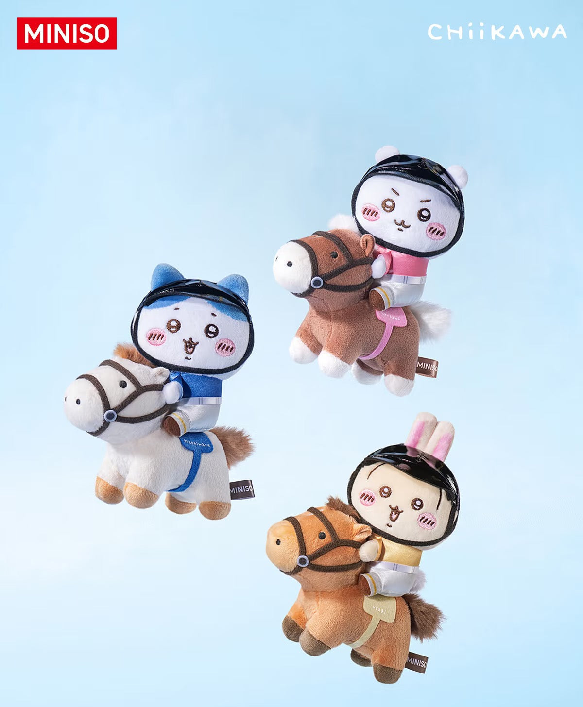 ChiiKawa X Miniso Horse Riding Series | ChiiKawa Hachiware Usagi Momonga Kurimanju Rakko Shisa Crab Cute Riding Horse Plush Doll Keychain - Kawaii Items Room Decoration Doll