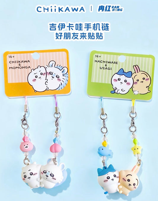 ChiiKawa Friends Series | ChiiKawa Hachiware Usagi Momonga Friends Cuddle Up Phone Keychain - Kawaii Items Room Decoration