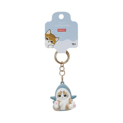 Miniso X Mofusand | Mofusand Cat in Shark Costume Cute Flocked Plastic Doll Keychain - Kawaii items Room Decoration