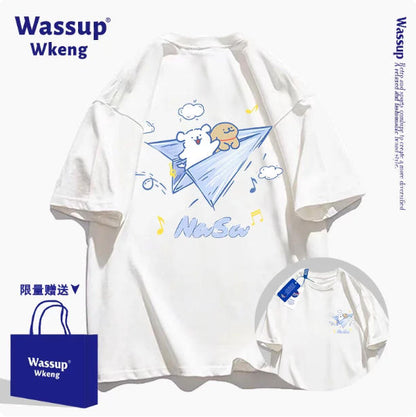 Cute Cartoon Doggie Maltese Puppy Style T-Shirt Series | On Paper Plane Front & Back - Kawaii Fashion Items for Child & Adult