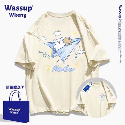 Cute Cartoon Doggie Maltese Puppy Style T-Shirt Series | On Paper Plane Front & Back - Kawaii Fashion Items for Child & Adult