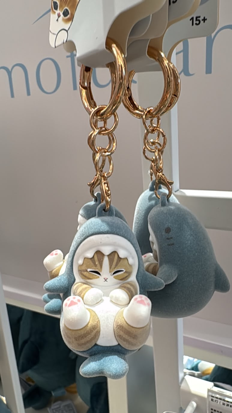 Miniso X Mofusand | Mofusand Cat in Shark Costume Cute Flocked Plastic Doll Keychain - Kawaii items Room Decoration