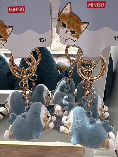 Miniso X Mofusand | Mofusand Cat in Shark Costume Cute Flocked Plastic Doll Keychain - Kawaii items Room Decoration