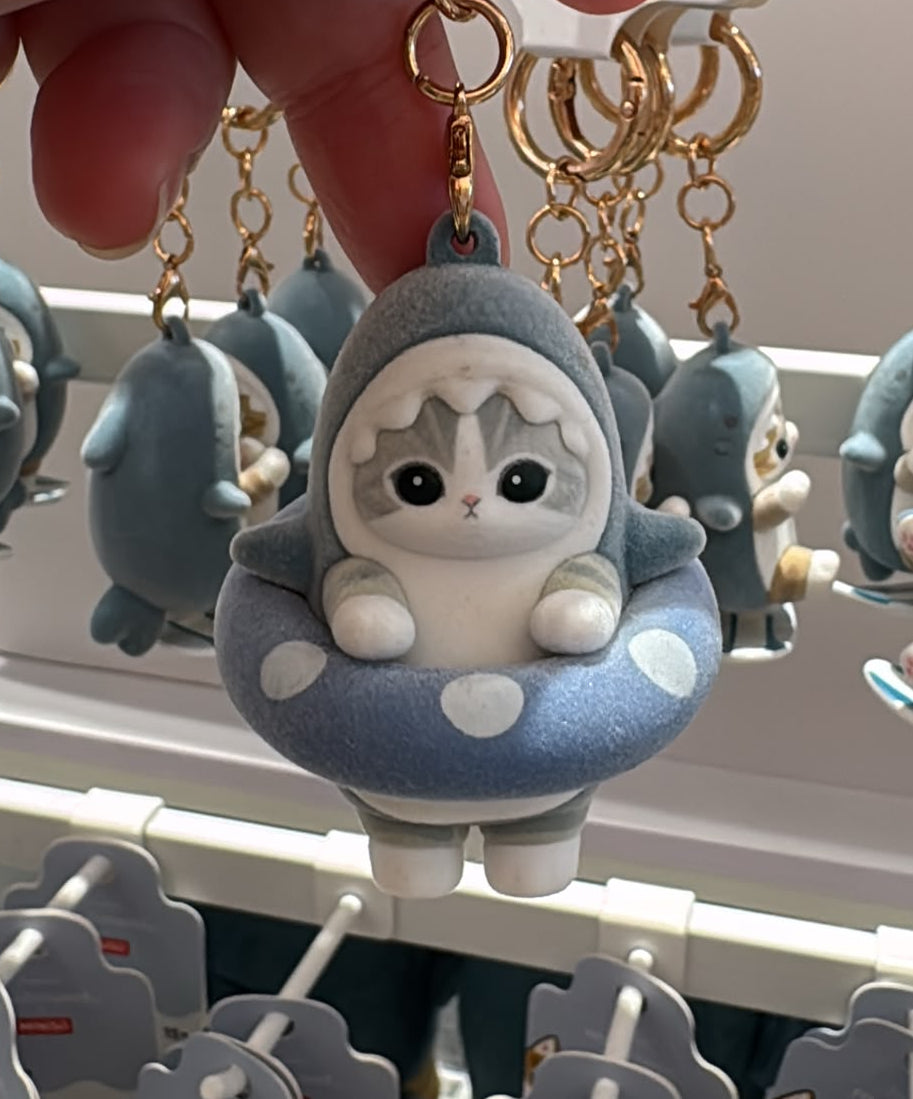 Miniso X Mofusand | Mofusand Cat in Shark Costume Cute Flocked Plastic Doll Keychain - Kawaii items Room Decoration