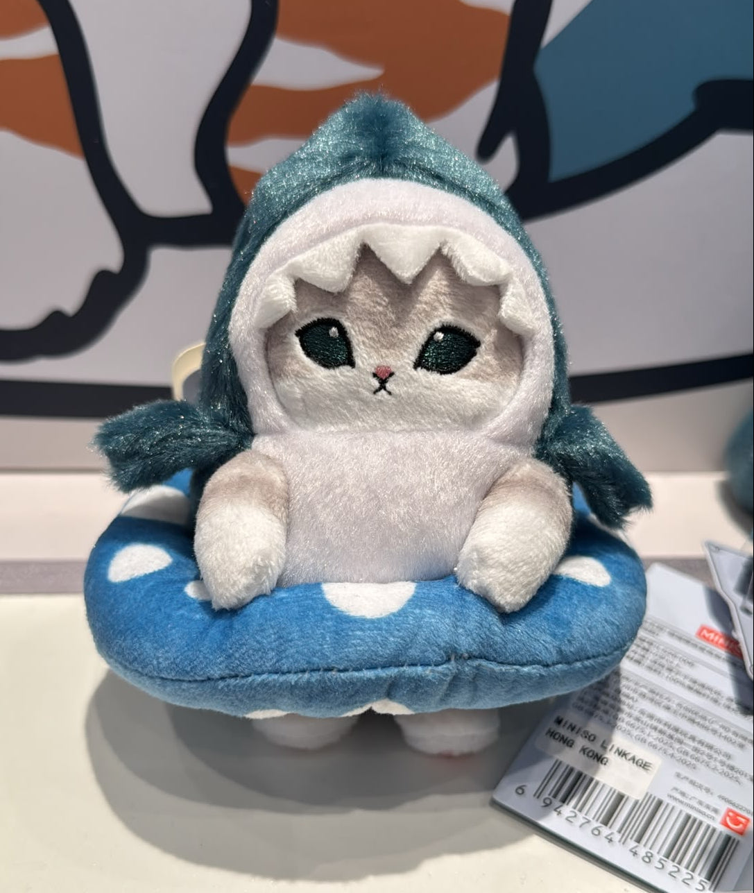 Miniso X Mofusand | Mofusand Cat in Shark Costume Raising Hand and Swimming Cute Plush Doll Keychain - Kawaii items Room Decoration Doll