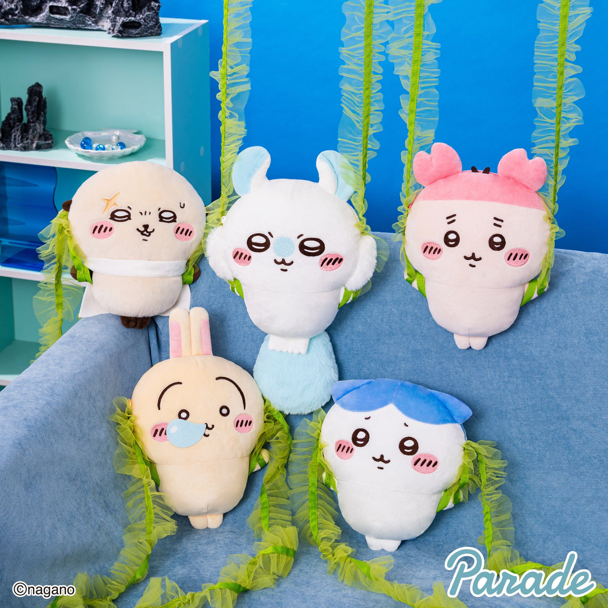 Japan ChiiKawa Mermaid Island Series | Hachiware Usagi Momonga Shisa Crab Trapping by Kombu Cute Plush Doll Crossbody Bag - Kawaii items Room Decoration