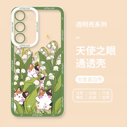 Japan Style Simple Cute Animals Style | Little Cats with Flowers - Phone Case Samsung Galaxy S26 S25 S24 S23 S22 S21 FE Ultra Edge