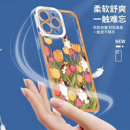 Japan Style Simple Cute Animals Style | Little Cats with Flowers - iPhone Case PLUS SE2 XS XR X 11 12 13 14 15 16 16e 17 17e Pro Promax 12mini 13mini