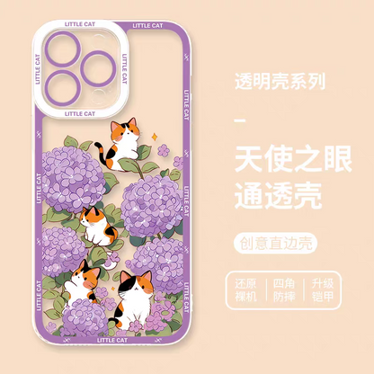Japan Style Simple Cute Animals Style | Little Cats with Flowers - iPhone Case PLUS SE2 XS XR X 11 12 13 14 15 16 16e 17 17e Pro Promax 12mini 13mini