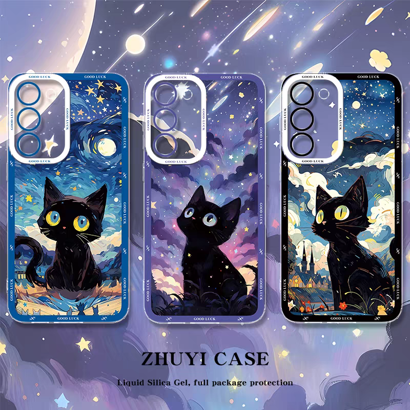 Black Cat with Starry Sky Oil Drawing Style | 8 Styles - Phone Case Samsung Galaxy S26 S25 S24 S23 S22 S21 FE Ultra Edge