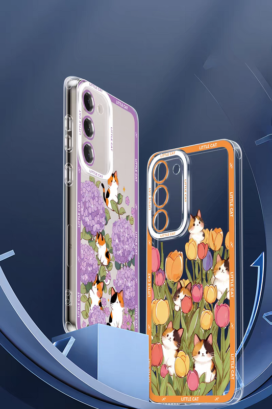 Japan Style Simple Cute Animals Style | Little Cats with Flowers - Phone Case Samsung Galaxy S26 S25 S24 S23 S22 S21 FE Ultra Edge