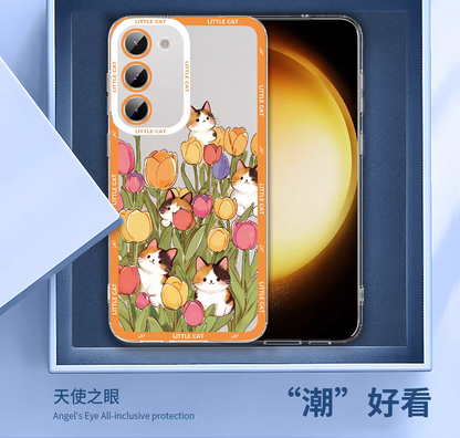 Japan Style Simple Cute Animals Style | Little Cats with Flowers - Phone Case Samsung Galaxy S26 S25 S24 S23 S22 S21 FE Ultra Edge