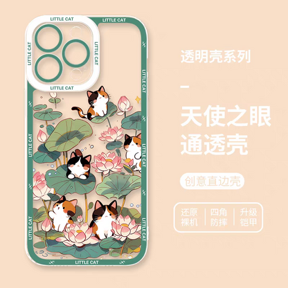 Japan Style Simple Cute Animals Style | Little Cats with Flowers - iPhone Case PLUS SE2 XS XR X 11 12 13 14 15 16 16e 17 17e Pro Promax 12mini 13mini