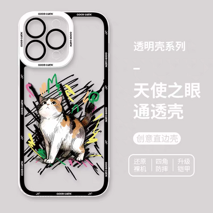 Simple Style Cat with Sketch | 8 Styles - iPhone Case PLUS SE2 XS XR X 11 12 13 14 15 16 16e 17 17e Pro Promax 12mini 13mini
