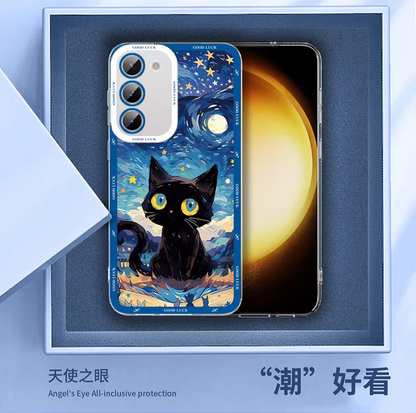 Black Cat with Starry Sky Oil Drawing Style | 8 Styles - Phone Case Samsung Galaxy S26 S25 S24 S23 S22 S21 FE Ultra Edge