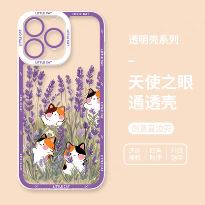 Japan Style Simple Cute Animals Style | Little Cats with Flowers - iPhone Case PLUS SE2 XS XR X 11 12 13 14 15 16 16e 17 17e Pro Promax 12mini 13mini
