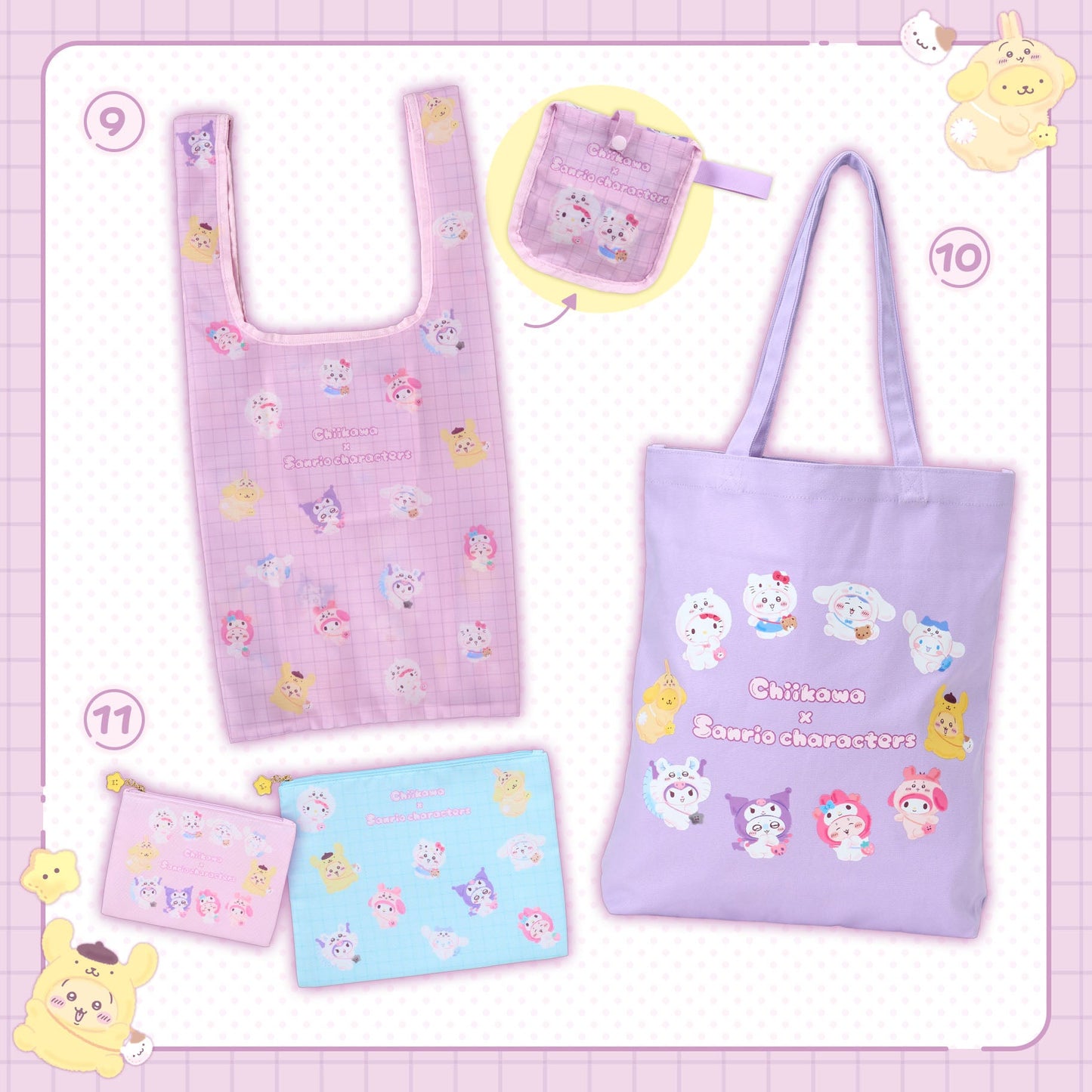 [Pre-Order] Japan ChiiKawa X Sanrio Series 4 | ChiiKawa Hachiware Usagi Momonga Crab Crossover Sanrio Characters Costume Cute Icon Eco Bag Tote Bag Flat Pouches - Kawaii items Room Decoration